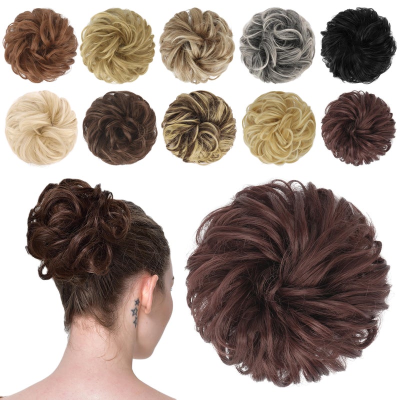 FESHFEN Messy Bun Hair Piece - Elastic Wavy Curly Hair Bun Scrunchies Extensions Synthetic Chignon Hairpieces for Women Girls, Dark Auburn 1.5 oz - Image 1